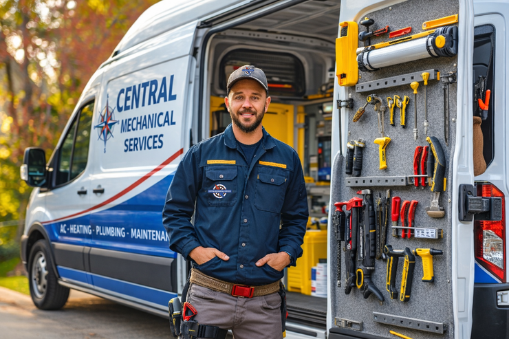 A smiling service technician stands in front of a white work van with a tool-filled open door at