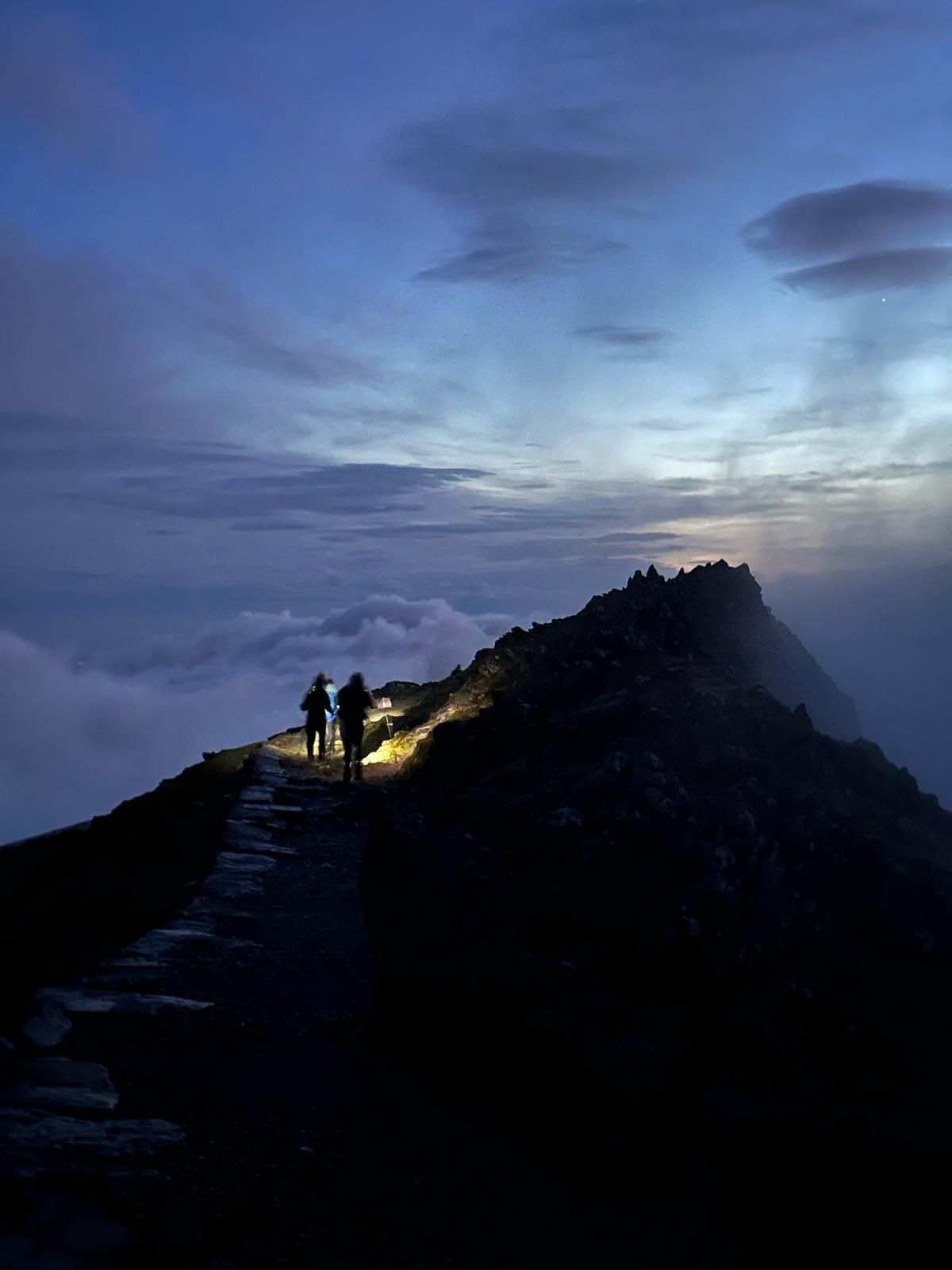 Group standing on the summit of Ben Nevis in the summer with amazing weather conditions