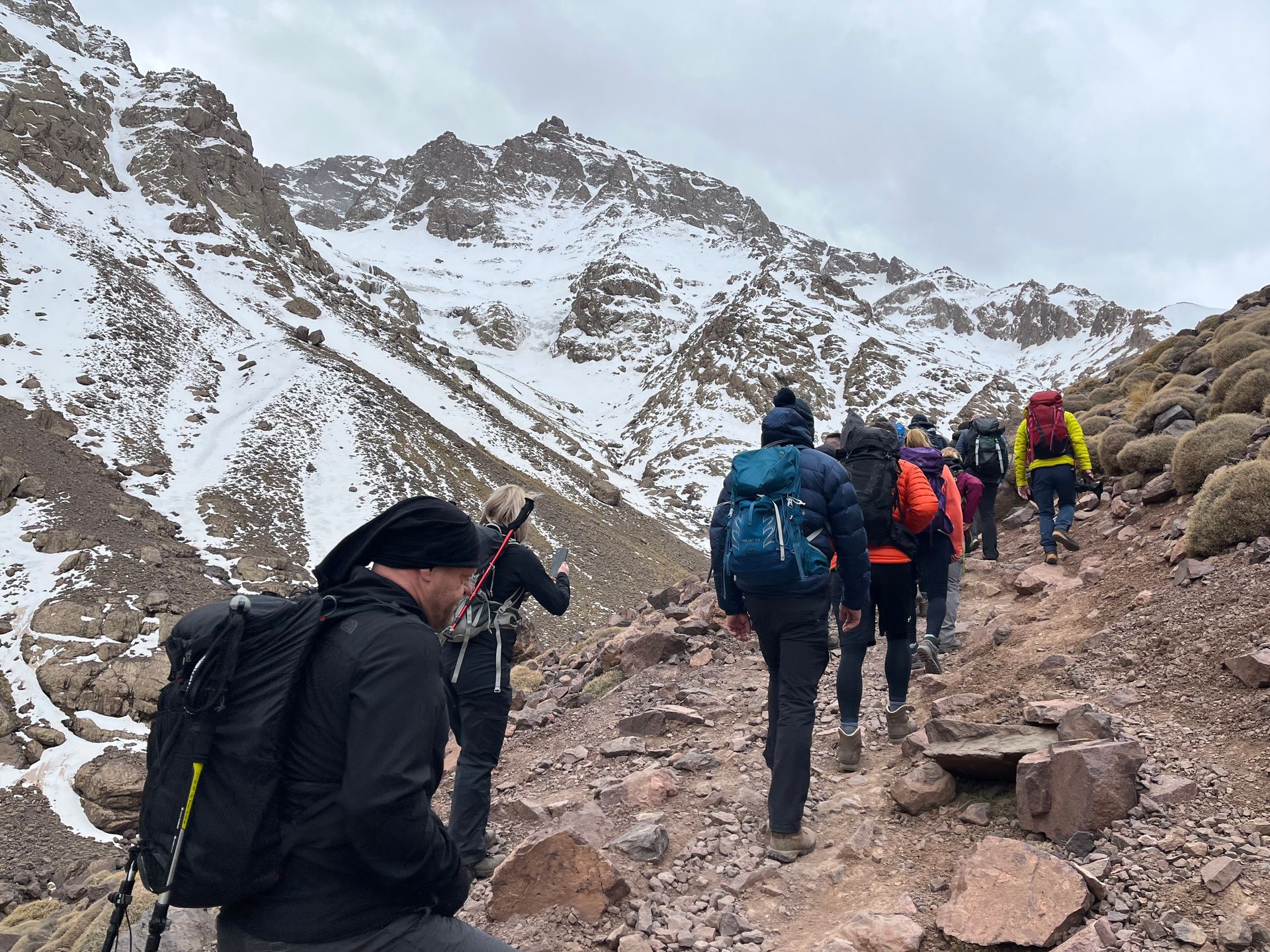 Clients hiking to base camp on Mount Toubkal, trek ready