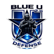 Blue Defense logo: silhouette of armed figure inside blue star shield, text 