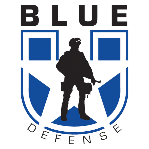 Blue Defense logo with a silhouetted soldier inside a blue star.