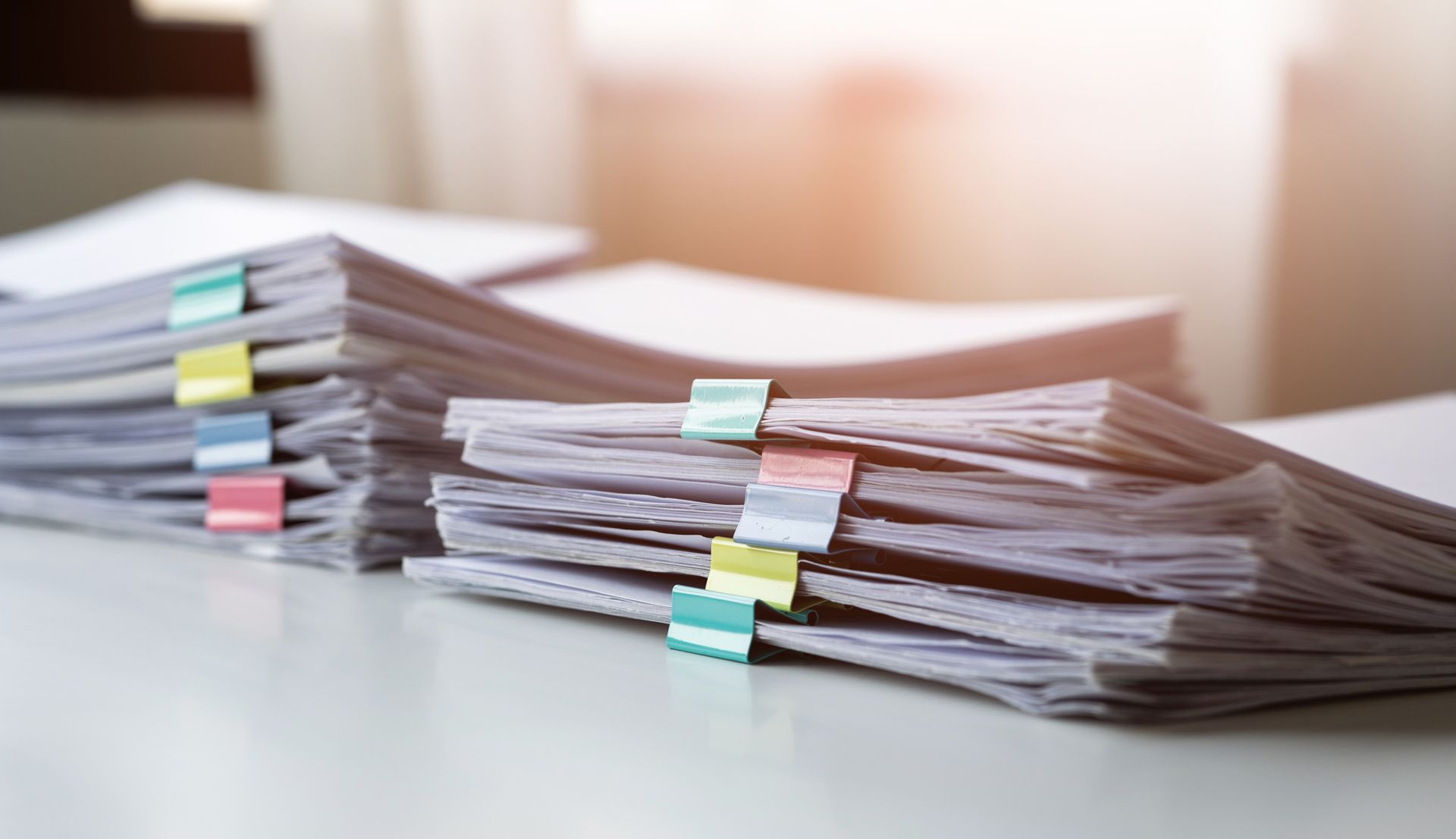Piles of white paper documents secured with colorful binder clips on a white surface.