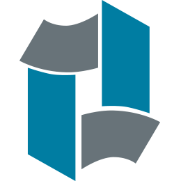 Abstract logo met blauwe en grijze geometrische vormen die een open vierkant vormen.