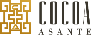 Gold geometric logo with the words “COCOA ASANTE” in black and gray on a white background