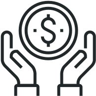 Hands holding a dollar coin icon