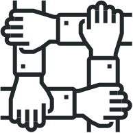 Black-and-white icon of four hands joining in a square, symbolizing teamwork and cooperation