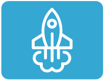 White outline rocket icon on a blue rounded-square background