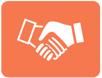 Two white hands shaking on an orange square background icon