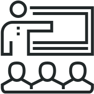 Presentation icon with a person at a board and three seated audience members
