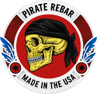 Pirate Rebar logo: yellow skull with black bandana inside a red circle, flanked by blue and red wings,