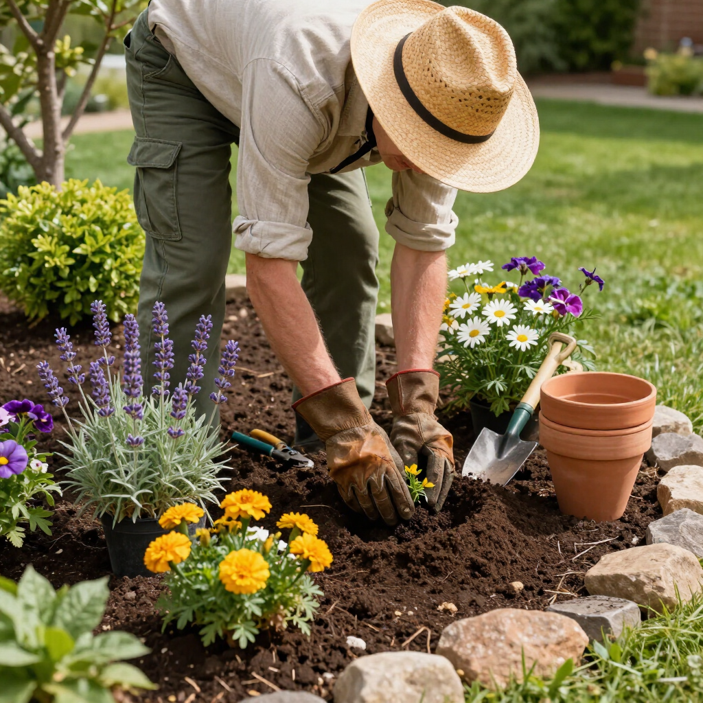 Gardener planting flowers in a garden bed beside terracotta pots and a stone border