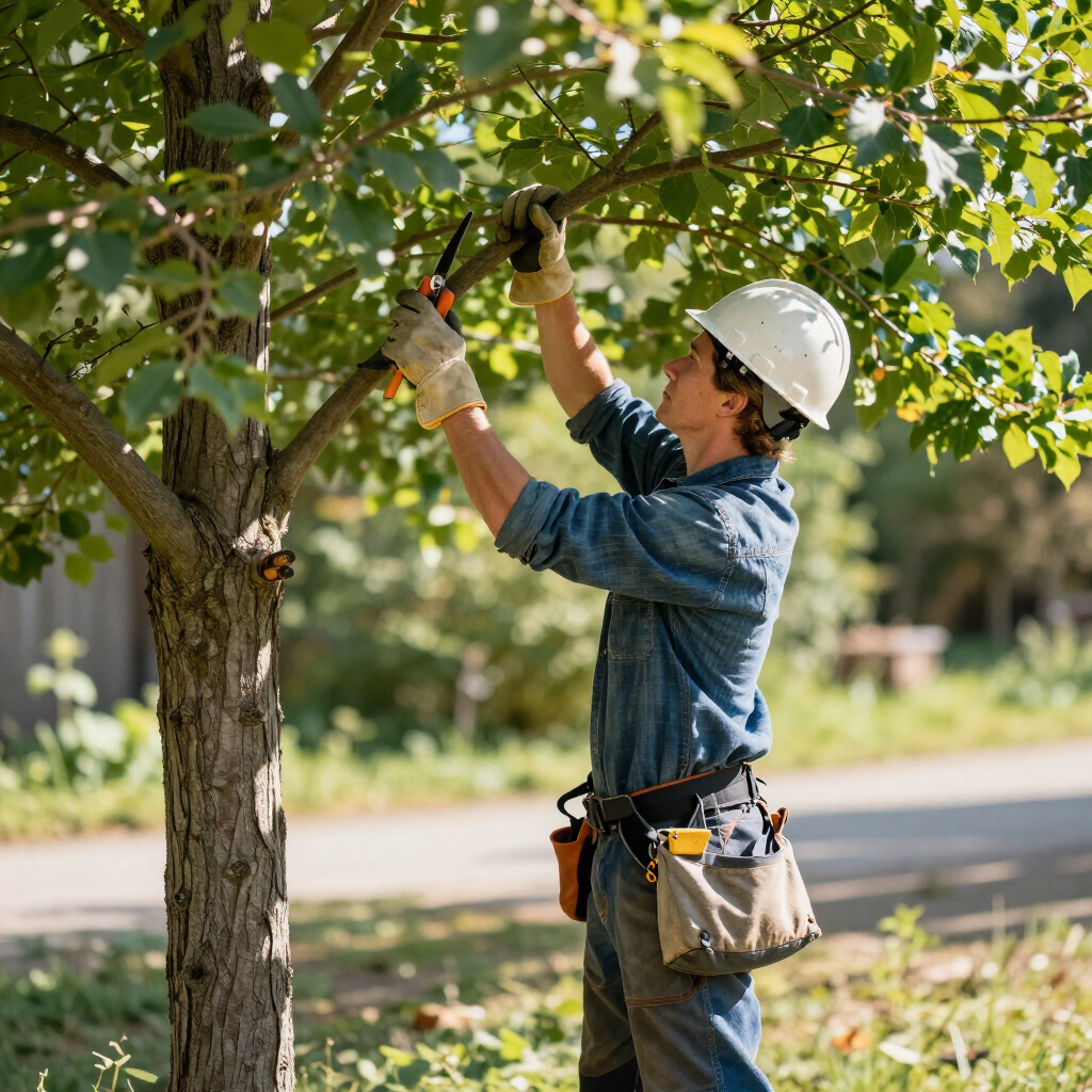 Worker in hard hat trimming tree branches with pruning shears outdoors