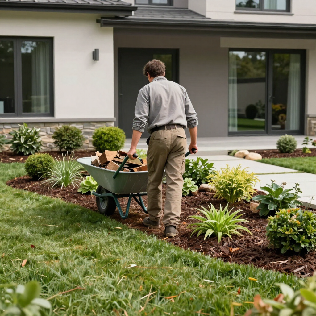 Person pushing a wheelbarrow through a landscaped front yard beside a modern house