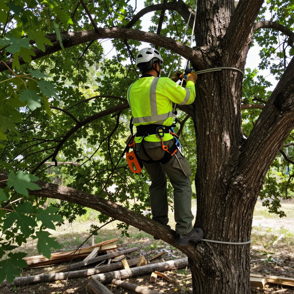 Worker in high-visibility gear trimming a tree with a rope harness and chainsaw at the base