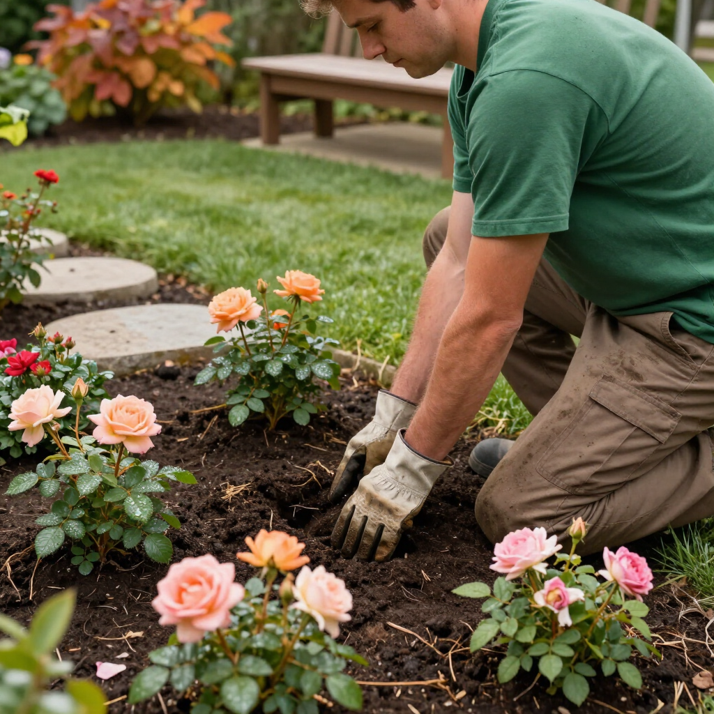 Man kneeling in a garden, planting pink and orange roses in fresh soil.