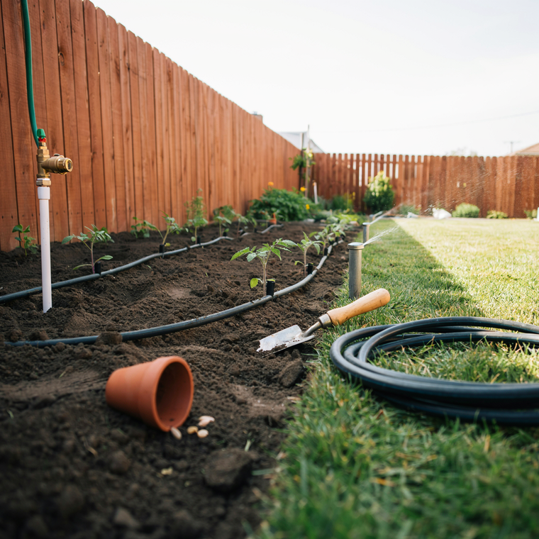 Garden bed with irrigation hoses, a trowel, and a terracotta pot beside a wooden fence