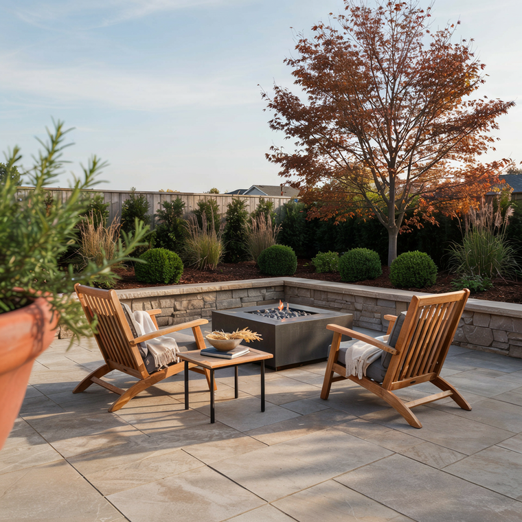 Patio with wicker chairs around a fire pit, surrounded by potted plants and autumn trees at sunset