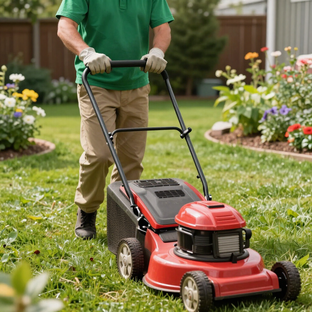 Person mowing a lawn with a red push mower in a flower-lined yard
