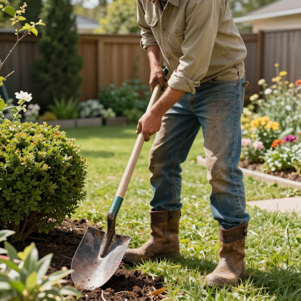 Gardener digging soil beside a flower bed with a shovel in a backyard garden