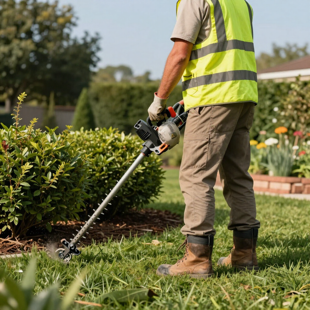 Gardener in a neon safety vest using a hedge trimmer in a landscaped garden
