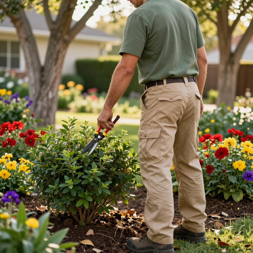 Gardener trimming shrubs in a colorful flower bed outdoors