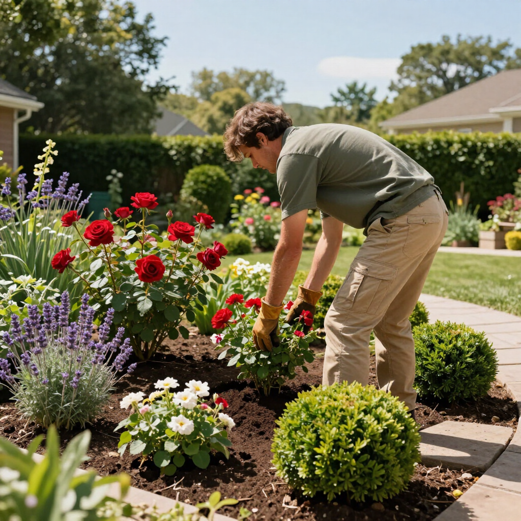 Person tending colorful flowers in a sunny garden bed