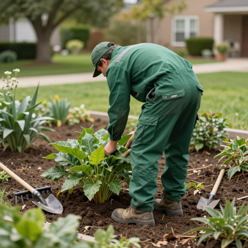 Gardener in green uniform planting flowers in a landscaped garden with a shovel nearby