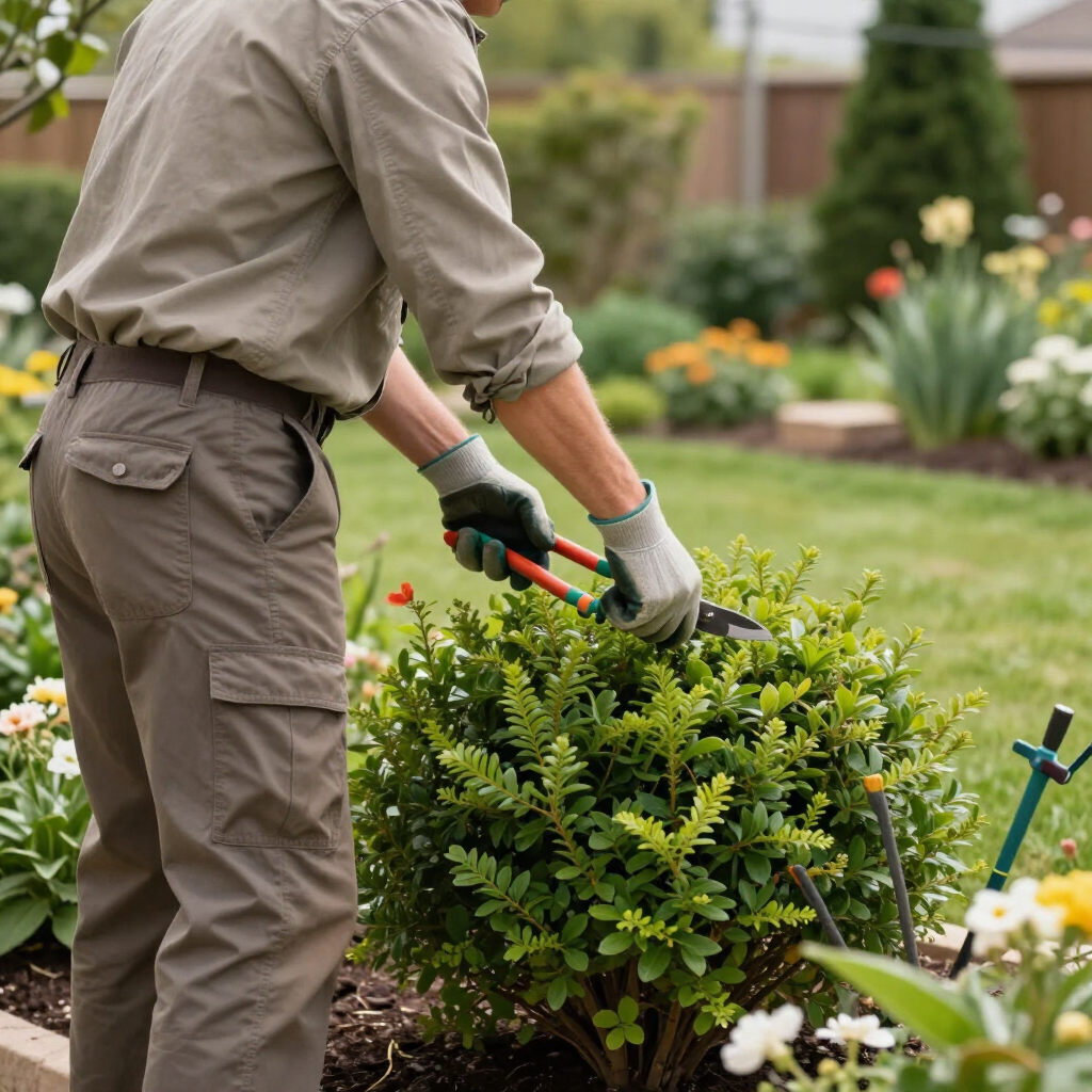Gardener trimming a shrub with pruning shears in a landscaped garden