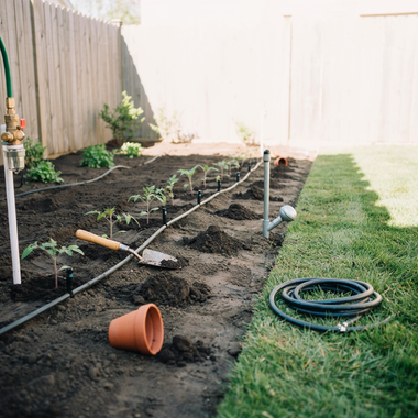 Freshly planted garden bed with drip irrigation hoses, a trowel, and a coiled hose beside a grassy lawn.