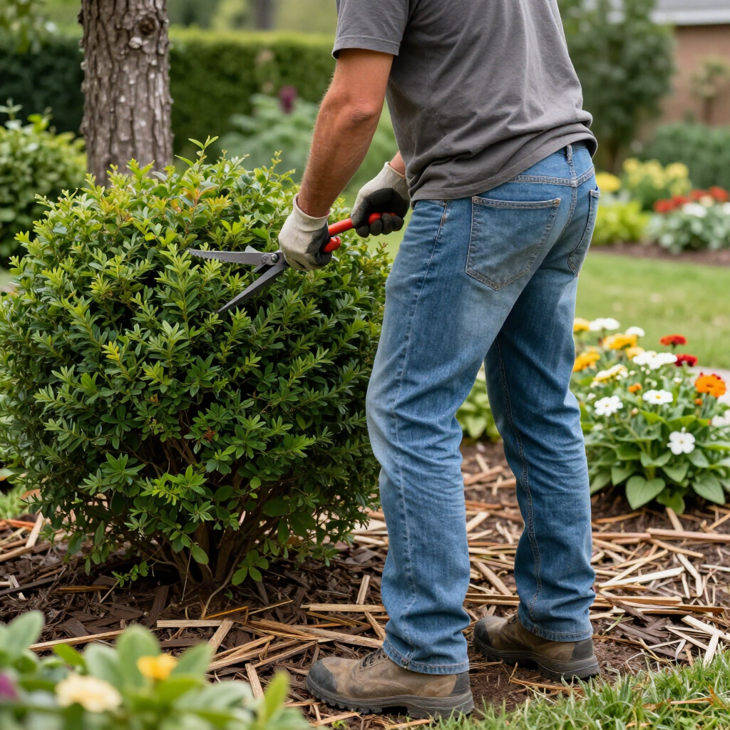 Gardener trimming a shrub with hedge clippers in a flower bed and mulch-covered garden