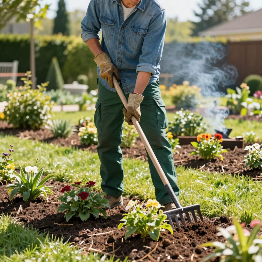 Gardener using a rake to tend flower beds in a sunny garden
