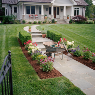 Landscaped front yard with stone path, potted flowers, and a porch on a suburban house