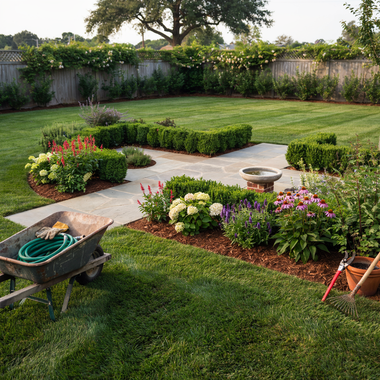 Well-kept backyard garden with flower beds, lawn, stone paths, and a birdbath, plus a hose and wheelbarrow.