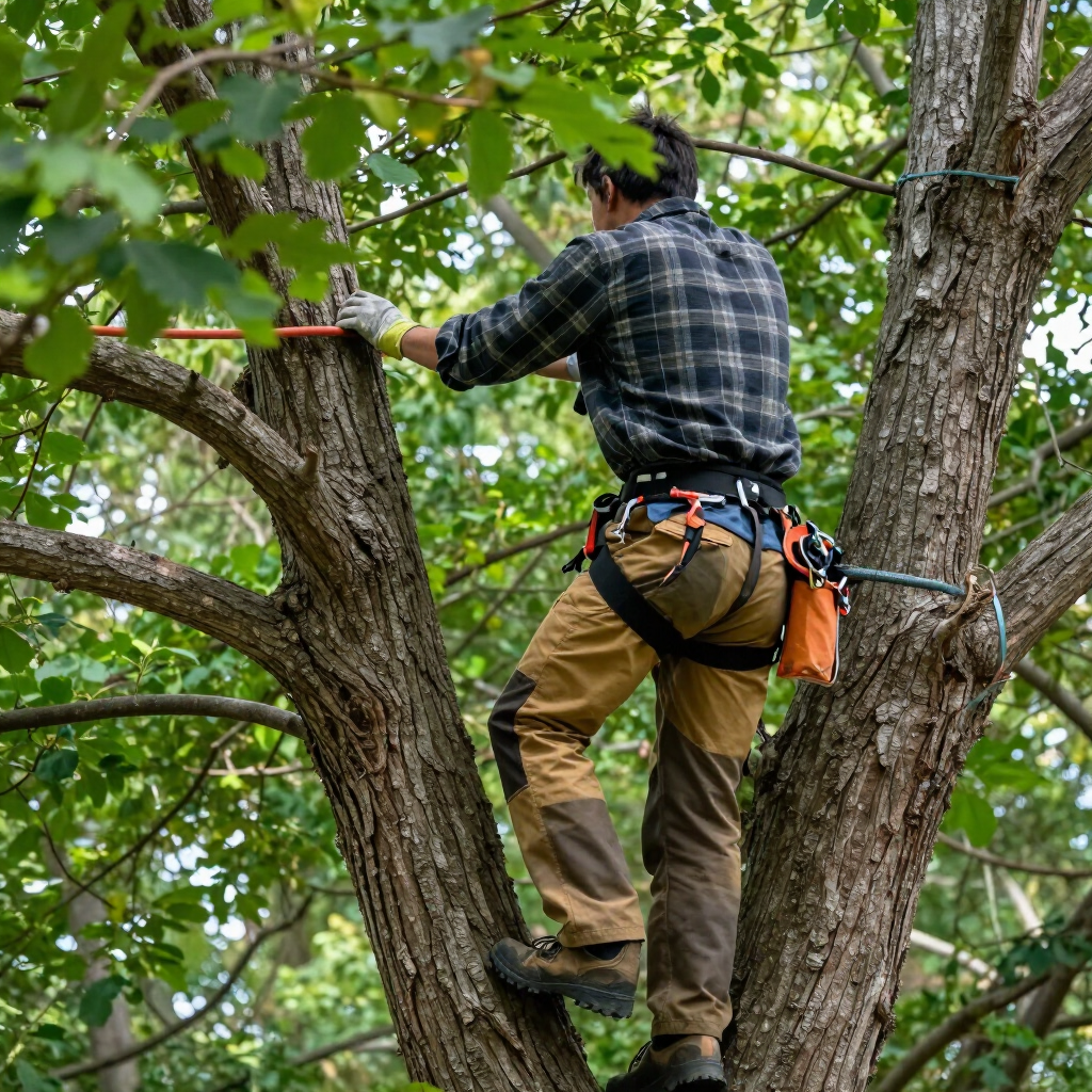 Tree climber in plaid shirt and tan pants secured with safety gear, working among leafy branches.