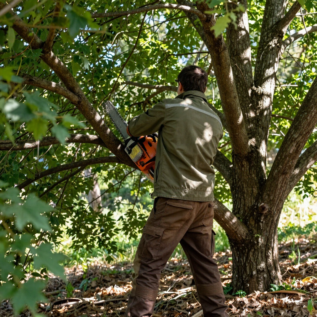 Worker using an orange chainsaw to trim a tree in a leafy yard