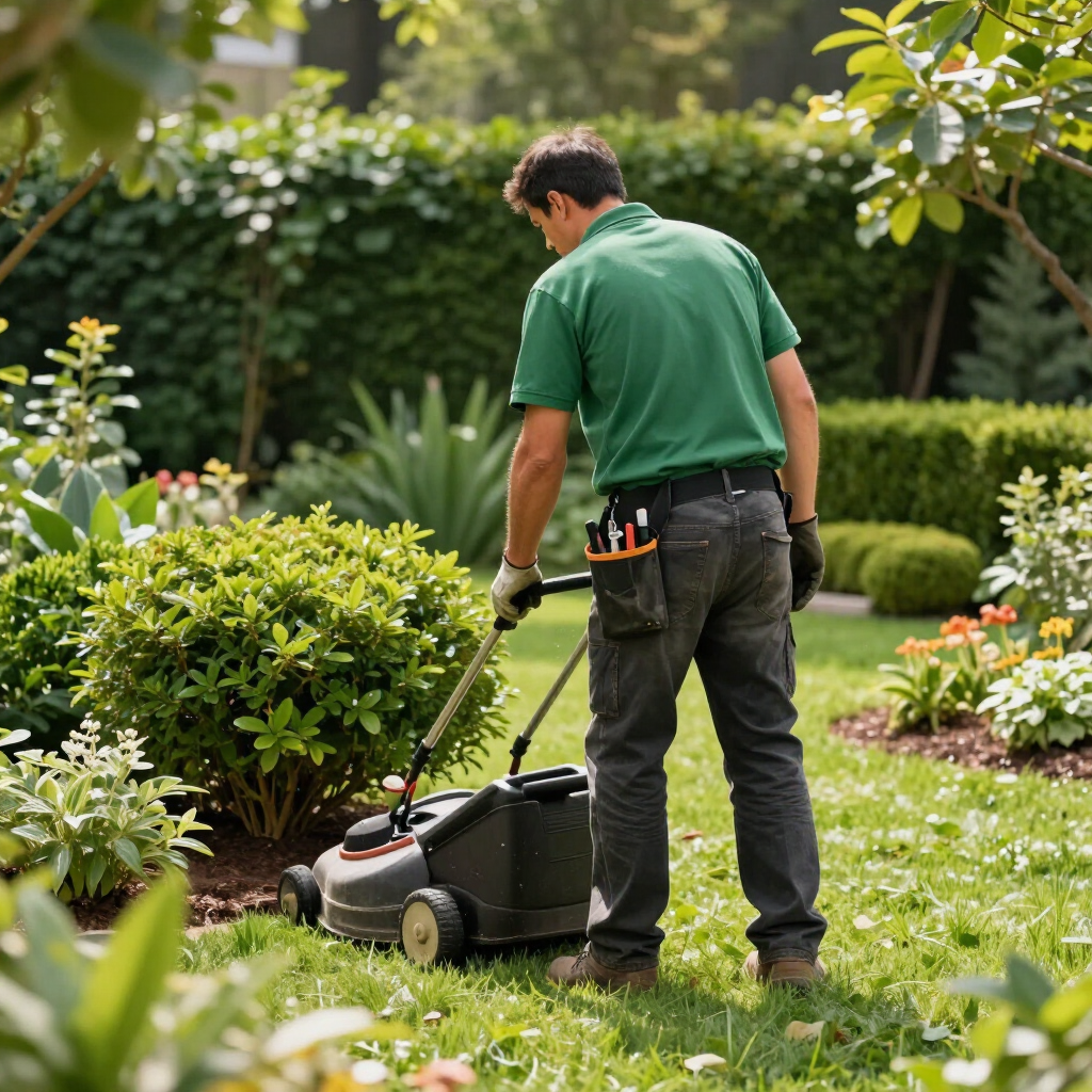 Gardener mowing a lawn in a green garden with shrubs and flowers