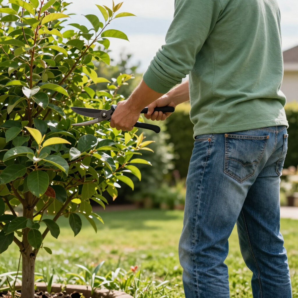 Person pruning a green bush with hedge shears in a sunny garden