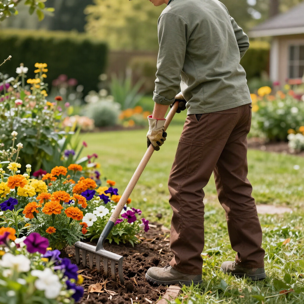 Gardener using a shovel to plant flowers in a colorful garden bed.