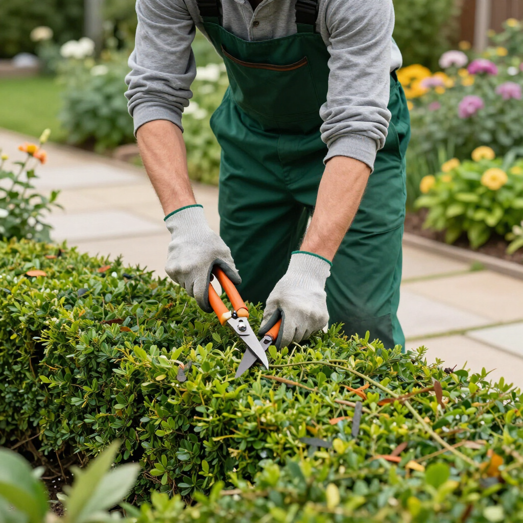 Person pruning a hedge with shears in a garden