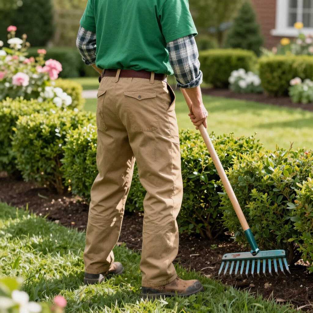 Gardener in green shirt rakes soil beside a hedge in a landscaped garden.