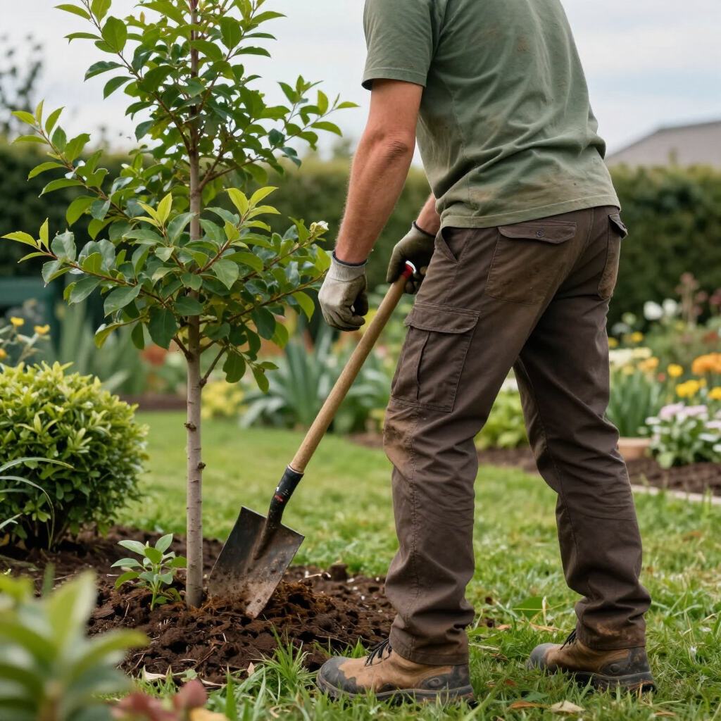 Gardener digging soil around a young tree in a garden with gloves and a shovel