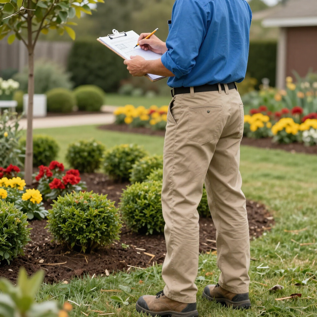 Gardener in blue shirt and khaki pants writing on a clipboard beside flower beds in a landscaped garden