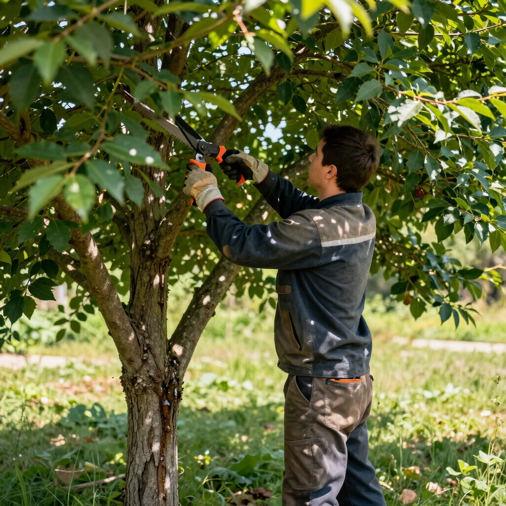 Person pruning a tree with red-handled shears in a sunlit orchard