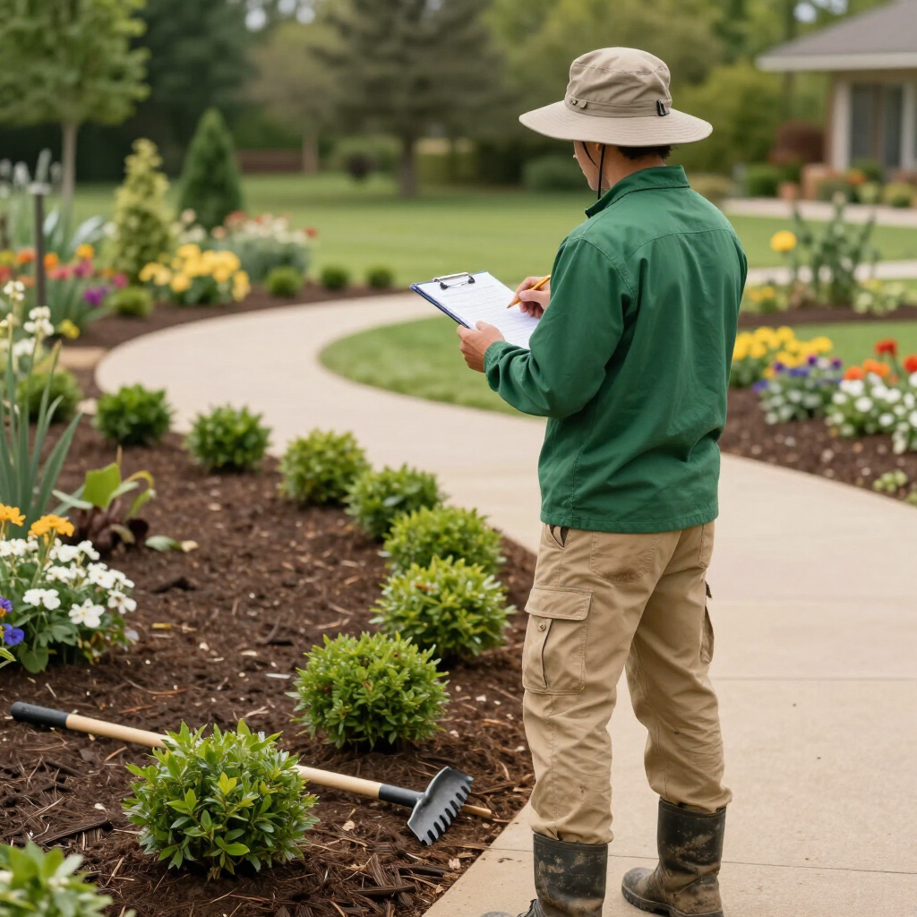Gardener in green jacket and tan hat taking notes beside a landscaped flower bed with tools on the ground