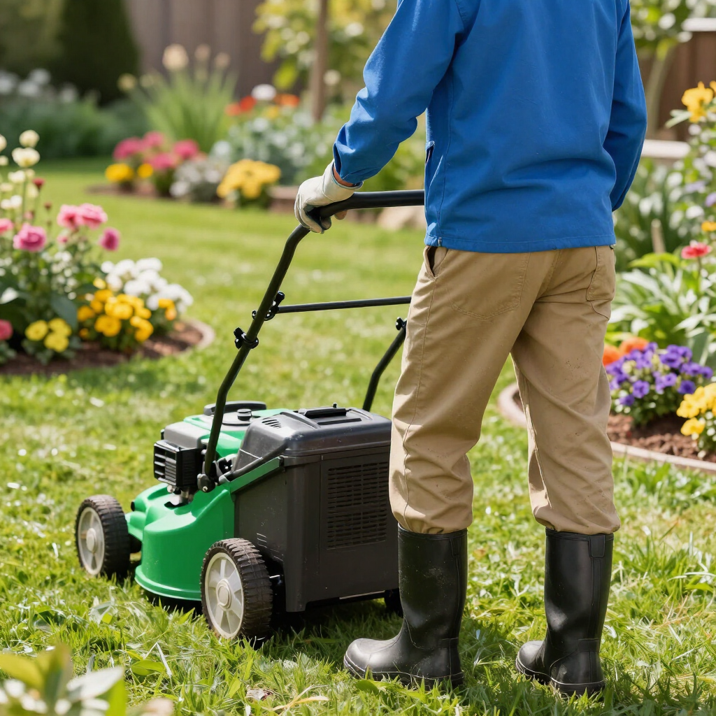 Person mowing a flower garden with a green lawn mower, wearing blue jacket, tan pants, and black boots