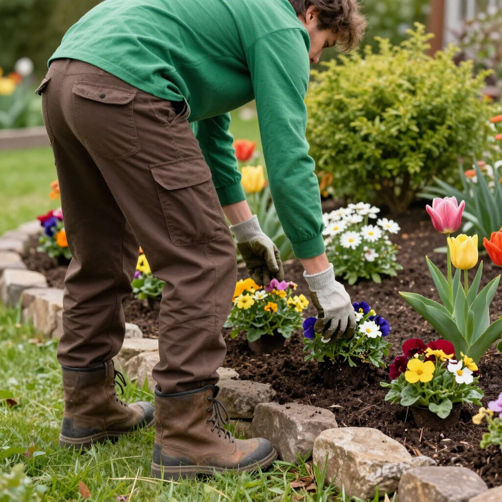 Gardener planting colorful flowers in a garden bed, wearing green shirt and gloves