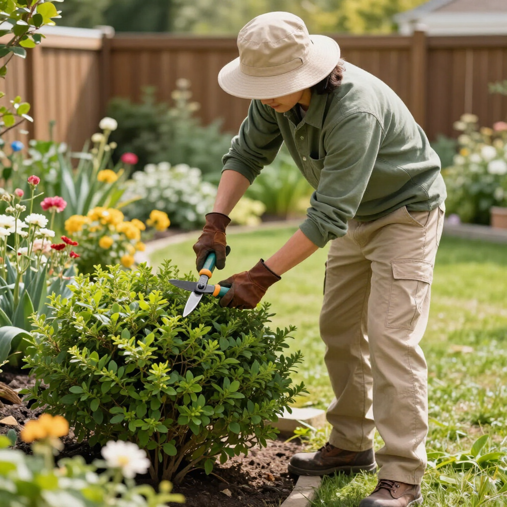 Gardener pruning a green shrub in a flower bed with colorful blooms and a wooden fence behind it