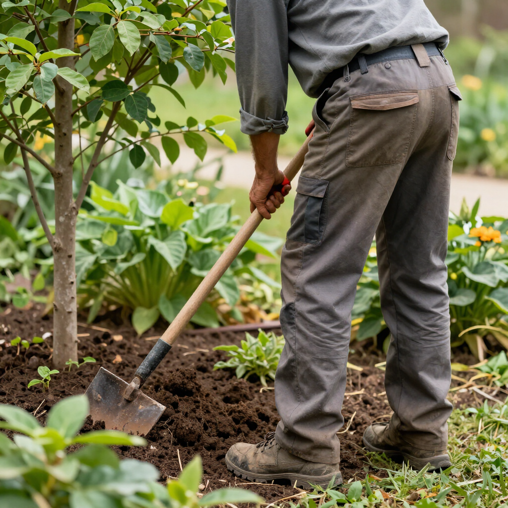 Person digging soil with a shovel in a garden beside a small tree and green plants.