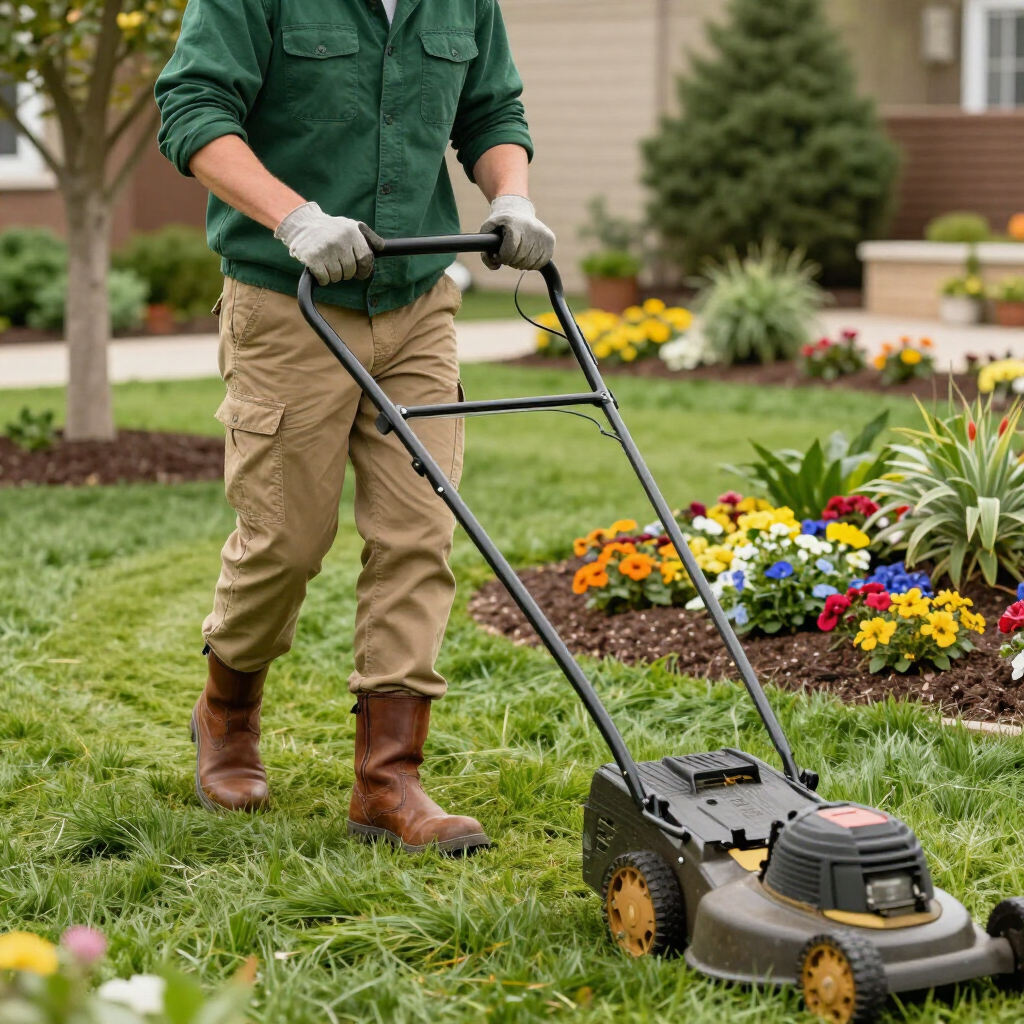 Gardener mowing grass beside a flower bed with colorful blooms and shrubs