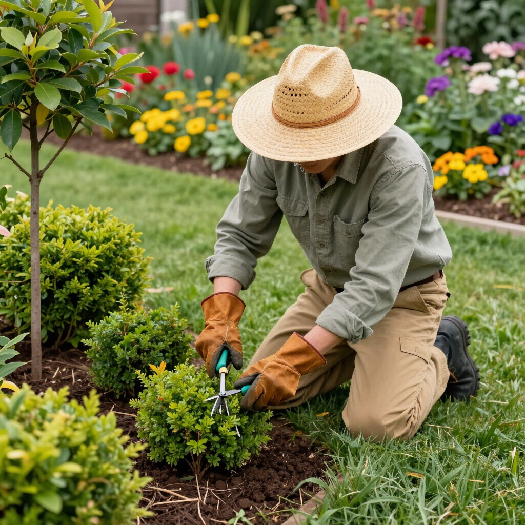 Gardener kneeling and planting a small shrub in a colorful flower bed
